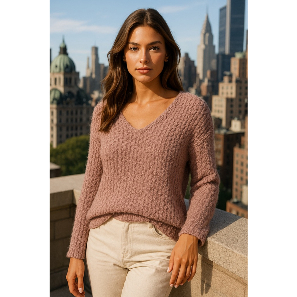 Altar’d State Bouclé V-Neck Sweater Pullover Buttery Soft‎ Knit Cozy Mauve Boho